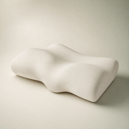 Oreiller cervical ergonomique Maison Möra blanc — vue trois quarts face, mousse à mémoire de forme