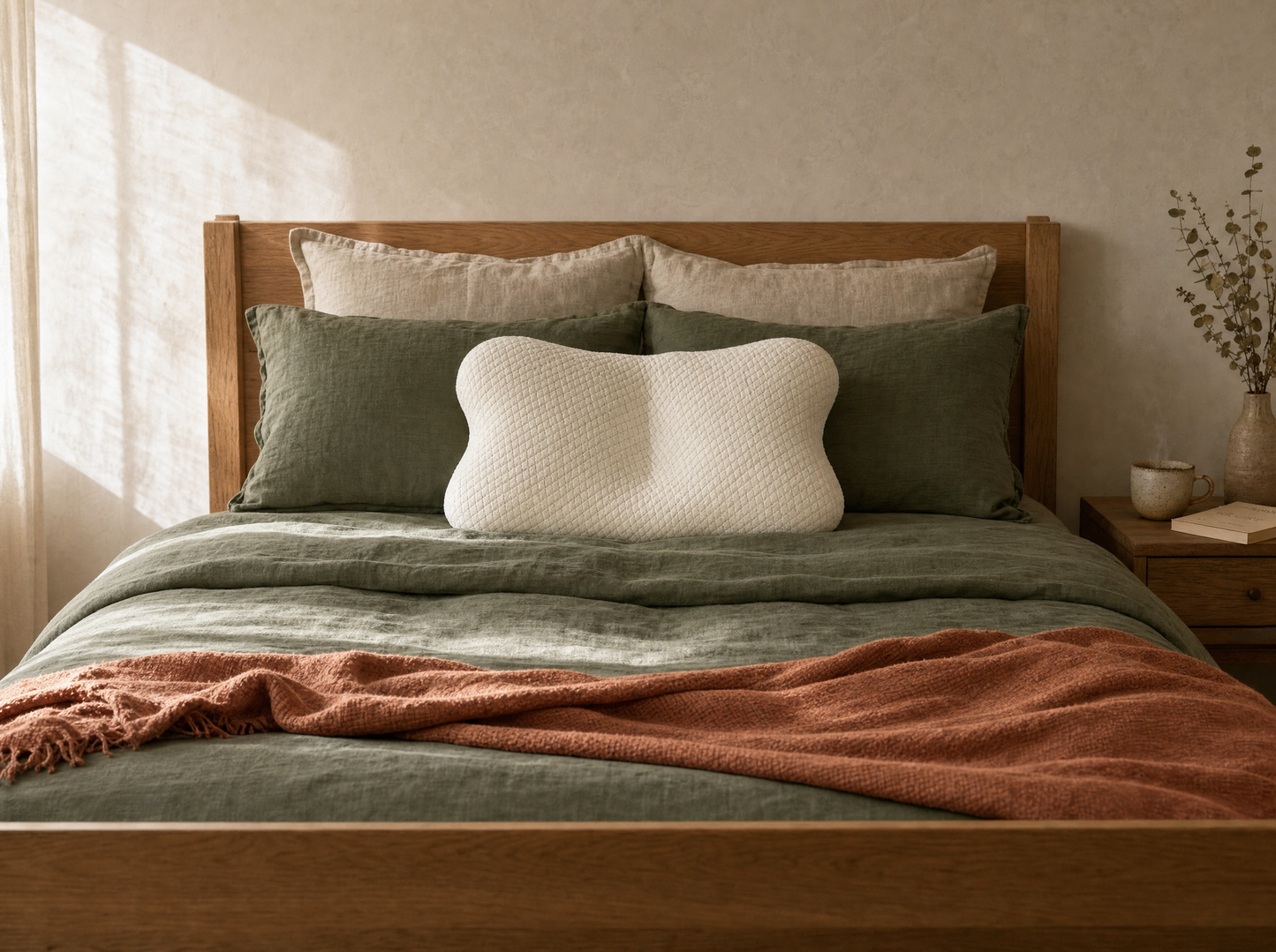 Oreiller cervical Maison Möra installé sur un lit avec linge sauge — ambiance chambre premium